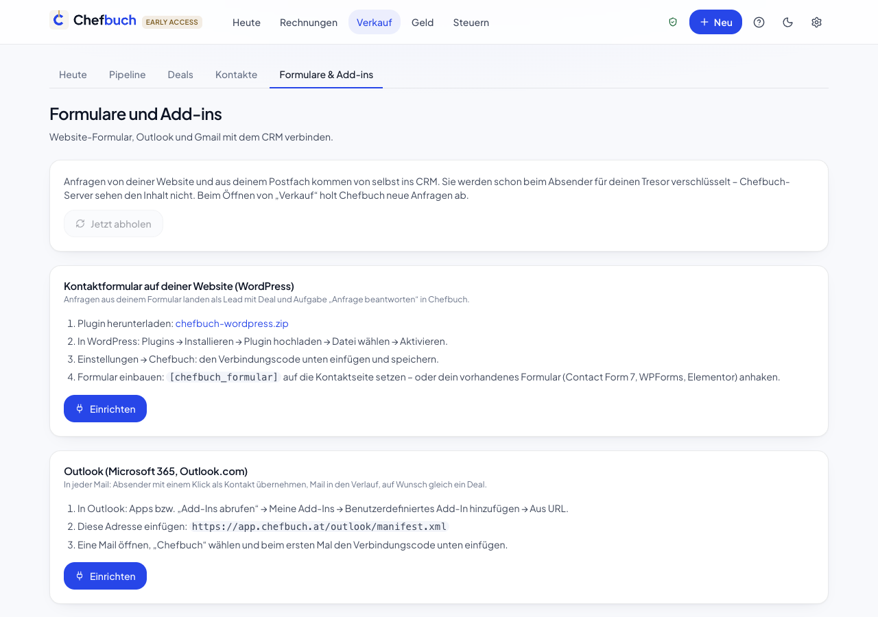 Seite „Formulare und Add-ins“ mit Karten für WordPress, Outlook und Gmail