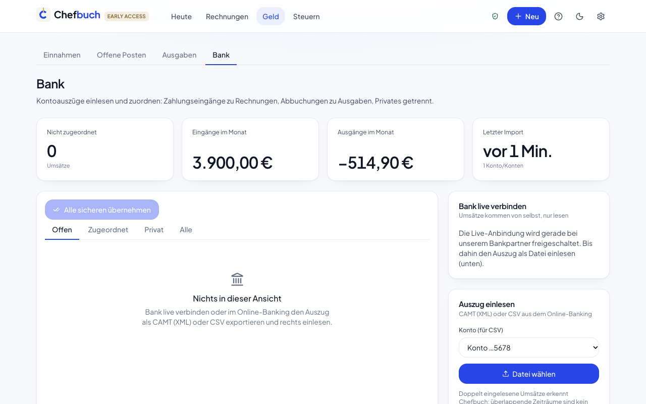 Bank-Seite mit eingelesenen Umsätzen und Zuordnungsvorschlägen