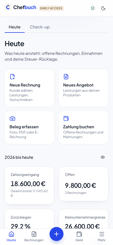 Chefbuch am iPhone: Übersicht „Heute“ mit Schnellzugriffen und Kennzahlen