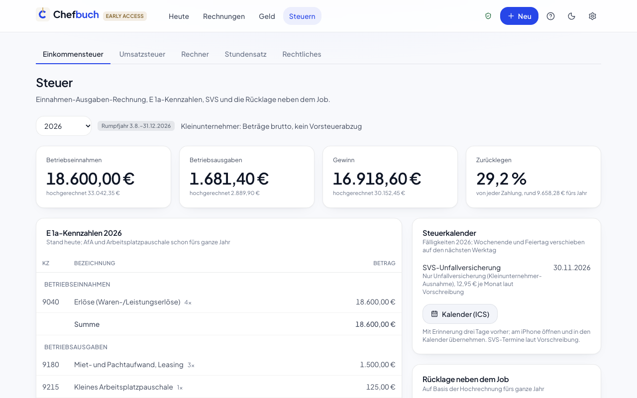Steuer-Seite mit Gewinn, Einkommensteuer, SVS-Schätzung und Rücklage